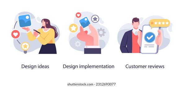 Juego de ilustraciones de programación. Diferentes personajes trabajando en el desarrollo de aplicaciones y web en computadoras. Desarrolladores de software. Ilustraciones de estilo vector plano.