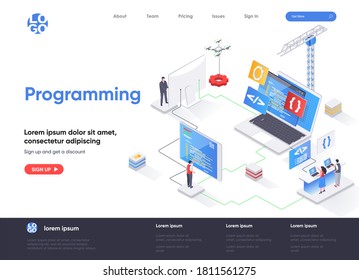 Programming isometric landing page. Full stack software development, engineering, programming isometry concept. Outsourcing company service flat web page. Vector illustration with people characters.