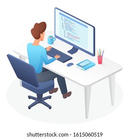 Programming isometric man vector illustration. Male coder sitting beside desk. Javascpirt course education. Hacker workplace. QA professional training and career. Developer cartoon character