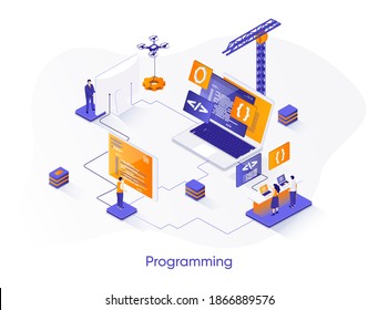 Banner de programación web isométrica. Concepto de isometría de desarrollo de software de pila completa. Ingeniería y programación 3d escena, subcontratación de diseño de servicios de empresa. Ilustración vectorial con caracteres de personas