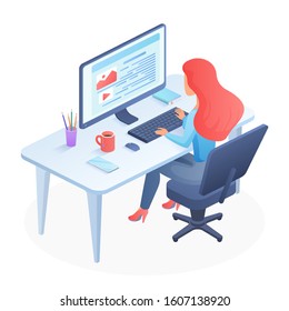 Programming isometric woman vector illustration. Female coder sitting beside desk. Javascpirt course education. Hacker workplace. QA professional training and career. Developer cartoon character