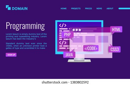 Programming Landing page design. PC with program code and icons java, html, css, html. Site development. Vector illustration on ultraviolet background.