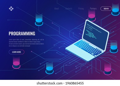 Concepto de cabecera de la página de inicio de programación. Ilustración isométrica de tecnología e ingeniería. Banner del sitio web.