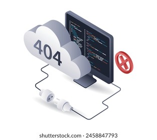 Programming language can warn error code 404 for technology systems, infographic 3d flat isometric illustration