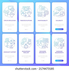Programming language choice blue gradient onboarding mobile app screen set. Walkthrough 5 steps graphic instructions with linear concepts. UI, UX, GUI template. Myriad Pro-Bold, Regular fonts used