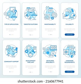 Programming language choice blue onboarding mobile app screen set. Walkthrough 5 steps graphic instructions pages with linear concepts. UI, UX, GUI template. Myriad Pro-Bold, Regular fonts used