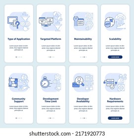 Programming language choice light blue onboarding mobile app screen set. Walkthrough 5 steps graphic instructions pages with linear concepts. UI, UX, GUI template. Myriad Pro-Bold, Regular fonts used