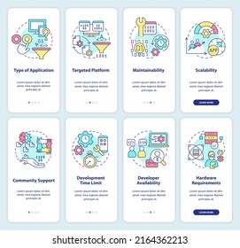 Programming language choice onboarding mobile app screen set. Walkthrough 5 steps graphic instructions pages with linear concepts. UI, UX, GUI template. Myriad Pro-Bold, Regular fonts used