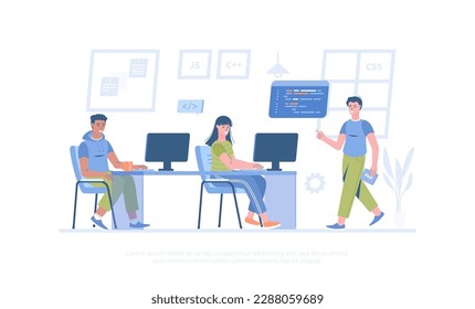 Programming language courses. Mobile app and computer software developing. Hi tech training concept. Cartoon modern flat vector illustration for banner, website design, landing page.	
