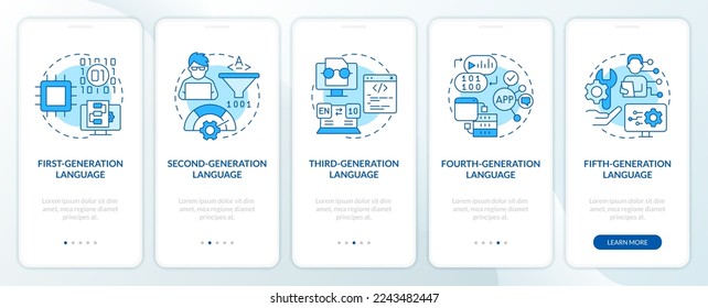 Programming language evolution blue onboarding mobile app screen. Walkthrough 5 steps editable graphic instructions with linear concepts. UI, UX, GUI template. Myriad Pro-Bold, Regular fonts used