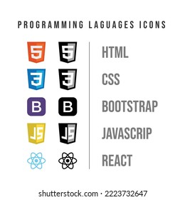 Programming language icons set, CSS, HTML, Javascript, Isolated editorial illustration on white