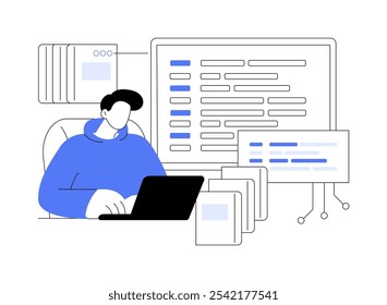 Programming language learning isolated cartoon vector illustrations. Man using laptop, learn programming language, looking at monitor, coding class, educational process vector cartoon.