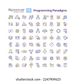 Programming language paradigms RGB color icons set. Software development. Coding. Computer programmer. Isolated vector illustrations. Simple filled line drawings collection. Editable stroke