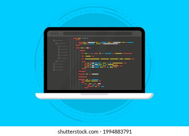 Programming language and program code on screen laptop. Programming coding. PHP, HTML, C++, CSS, Js. Programmer or developer create code programming. Software, web development, programming concept