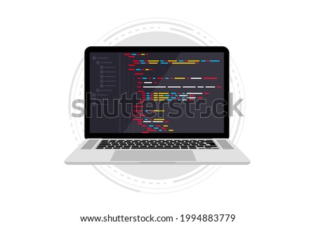 Programming language and program code on screen laptop. Programming coding. PHP, HTML, C++, CSS, Js. Programmer or developer create code programming. Software, web development, programming concept