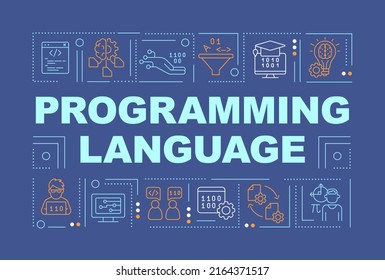 Programming language word concepts dark blue banner. Computer commands. Infographics with icons on color background. Isolated typography. Vector illustration with text. Arial-Black font used