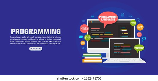 programming languages banner, coding, flat illustration concept