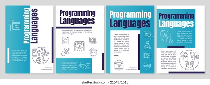 Programming languages blue brochure template. Set of instructions. Leaflet design with linear icons. 4 vector layouts for presentation, annual reports. Anton, Lato-Regular fonts used
