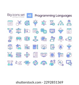 Programming languages blue RGB color icons set. Software development. Machine learning. Artificial intelligence. Isolated vector illustrations. Simple filled line drawings collection. Editable stroke