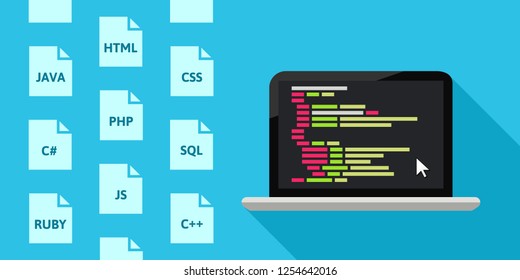 Programming languages concept with laptop and code in flat design