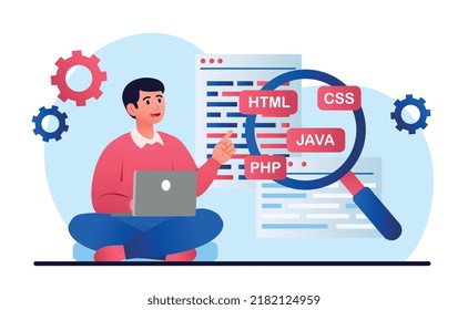 Programming languages concept. Man with laptop writes code, programmer develops application or program for computer. Software development metaphor, IT specialist. Cartoon flat vector illustration