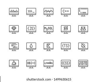 Programming languages flat line icons set. Html code, php, java language, python on computer desktop vector illustrations. Outline signs for software development. Pixel perfect. Editable Stroke.