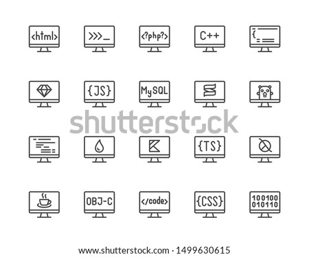 Programming languages flat line icons set. Html code, php, java language, python on computer desktop vector illustrations. Outline signs for software development. Pixel perfect. Editable Stroke.