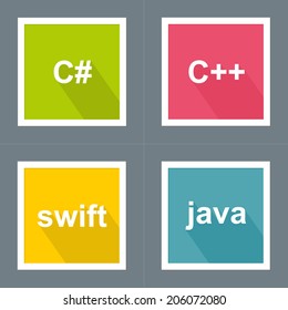Programming Languages Icon Set with long Shadow and white Frame (C#, C++, Swift, Java)