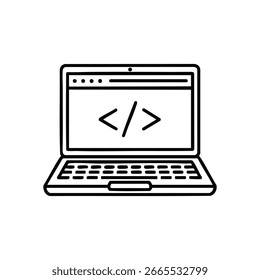 Programming Laptop Code Icon. This simple graphic shows a notebook displaying developer tags, representing digital innovation, software engineering, and internet technology.