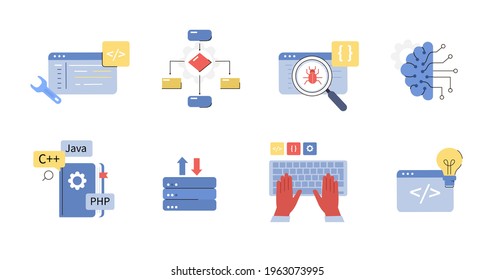 Programming Learning, Algorithms, Debugging, Code Writing and other Programming and Coding Icons. Software Development Signs Collection. Technology Concept. Flat Cartoon Vector Illustration.