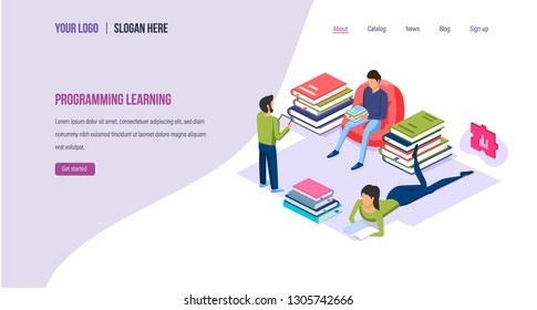 Programming learning. Learning high-level languages, improving programming and coding skills, professional online training, reading technical literature. Landing page template. Isometric vector.