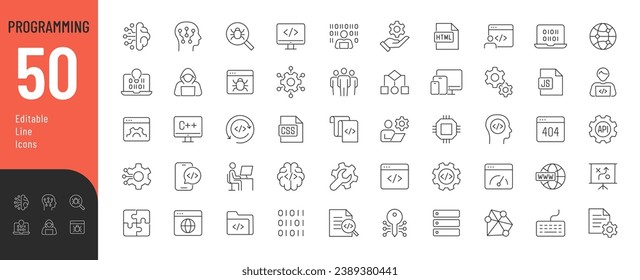 Programming Line Editable Icons set. Vector illustration in thin line modern style of software development related icons: code, api, programming languages, developer, information technology, and more.