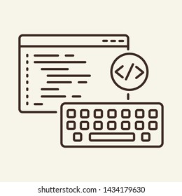 Programming Line Icon. Code On Monitor, Computer, Keyboard. Information Technology Concept. Vector Illustration Can Be Used For Topics Like Coder Workplace, Software, App Development