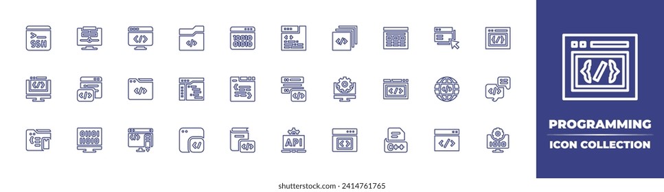 Programming line icon collection. Editable stroke. Vector illustration. Containing coding, programming, layers, computer, edit code, browser, api, ssh, binary code, computing, app development, coding.