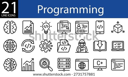 Programming line icon collection in modern outline style, code, brain, web, bug, and analytics