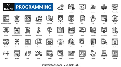 Programming line icon collection set. Includes code, algorithm, software, development, logic, script, compiler, debug, syntax, function, variable, loop, database, framework, api