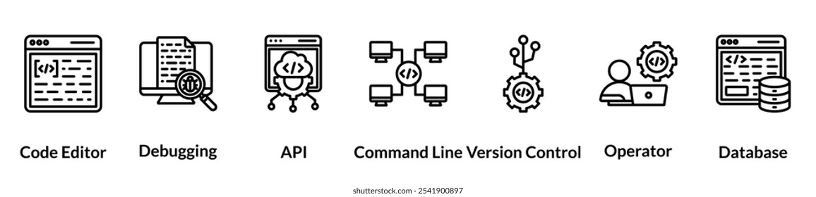 Conjunto de ícones de linha de programação. editor de código, depuração, api, linha de comando, controle de versão, operador, banco de dados