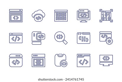 Programming line icon set. Editable stroke. Vector illustration. Containing bracket, code, coding, programing, web programming, meta, digital, computing, cloud, software, book.