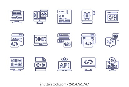 Programming line icon set. Editable stroke. Vector illustration. Containing coding, api, programming, css, book, data, code, binary code, server, chat.