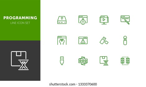 Programming line icon set. Video content, wrench, browser, USB flash drive. Information technology concept. Can be used for topics like app development, installing software, coding