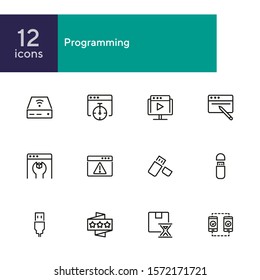 Programming line icon set. Video content, wrench, browser, USB flash drive. Information technology concept. Can be used for topics like app development, installing software, coding