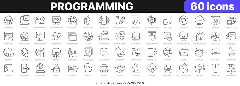 Kollektion von Symbolen für Programmierlinien. Technologie, Zusammenarbeit, Entwickler, Website, Programmierung, App-Symbole. UI-Icon-Set. Paket mit den Symbolen der dünnen Umrisse. Vektorgrafik EPS10