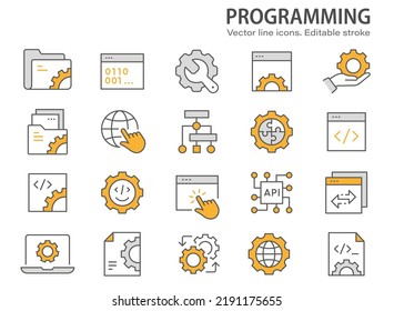 Programming line icons. Set of computer, coding, dev, develop and more. Editable stroke.