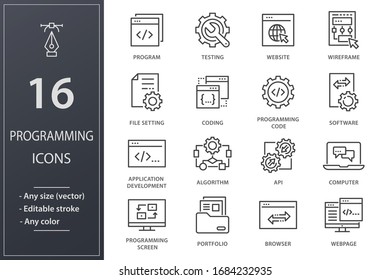 Programming Line Icons. Set Of Software, Coding, Website, API And More. Editable Stroke.