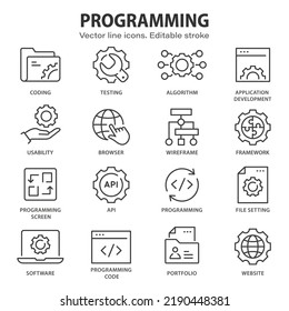 Programming line icons. Set of software, code, website, develop and more. Editable stroke.