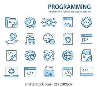 Programando iconos de línea. Conjunto de software, código, desarrollo, algoritmo y más. Trazo editable.