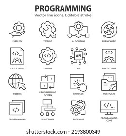 Programming line icons. Set of software, code, web, develop and more. Editable stroke.