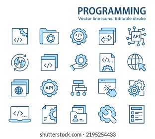 Programming line icons. Set of software, coding, dev, develop and more. Editable stroke.