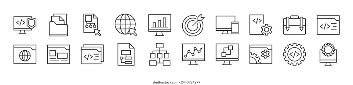 Programming Linear vector icons collection. Editable stroke. Simple linear illustration for web sites, newspapers, articles book