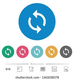 Programming loop flat white icons on round color backgrounds. 6 bonus icons included.